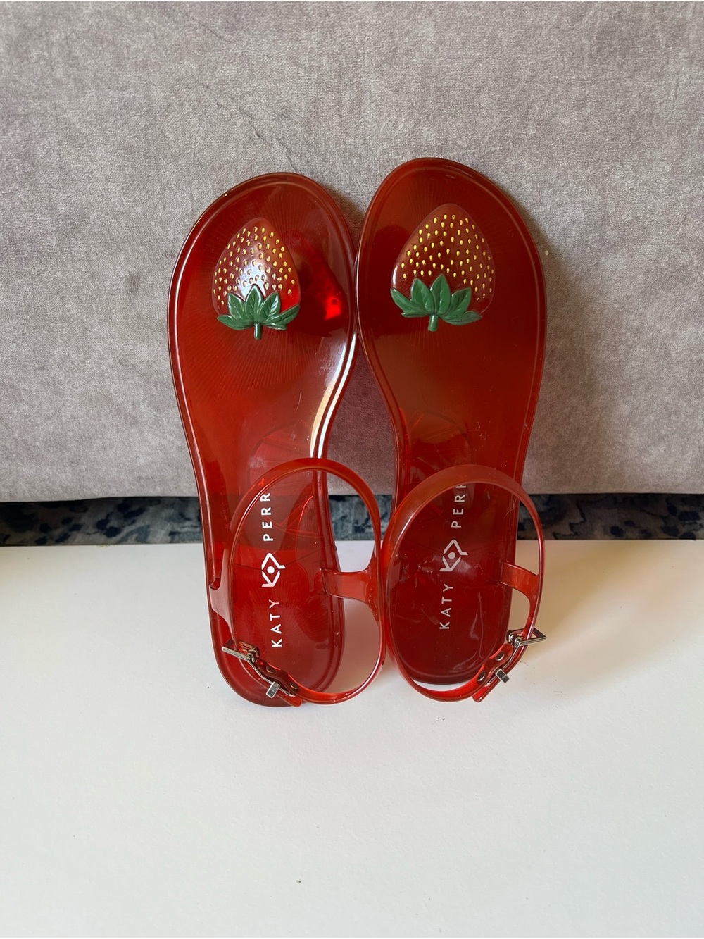 Katy Perry Collections Red Strawberry Jelly Sandals with Green Leaf Accent